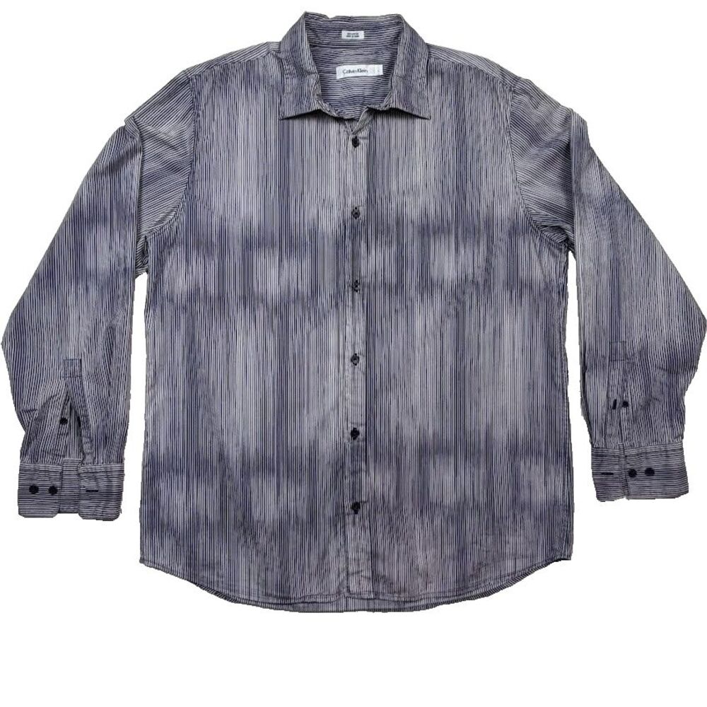 Calvin Klein 100% Cotton Blue/White Striped Long-Sleeve Button-Up Shirt, Large